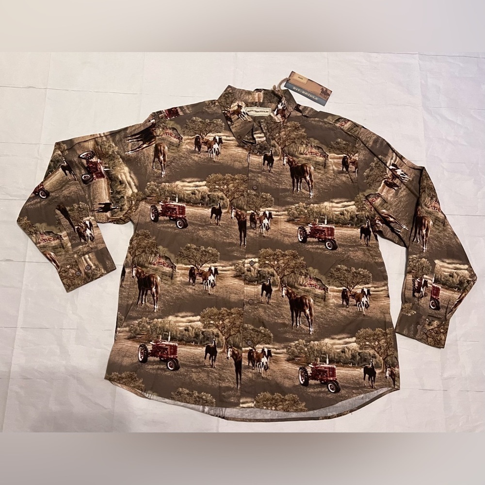 Men’s Bit & Bridle 2x long sleeve, button up shirt. Farm and horses theme